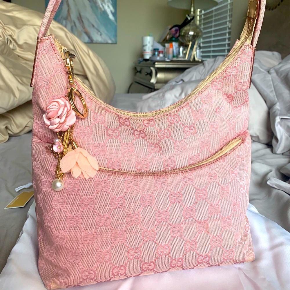GUCCI- Authentic Vintage Pink Guccissima Monogram Purse with Tan Leather